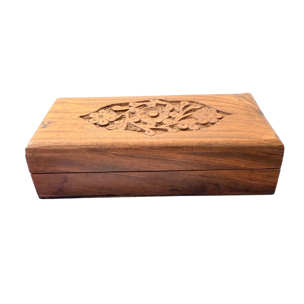 Vintage Hand‎ Carved Floral Wooden Trinket Jewelry Box Red Velvet Lined 6 Inch